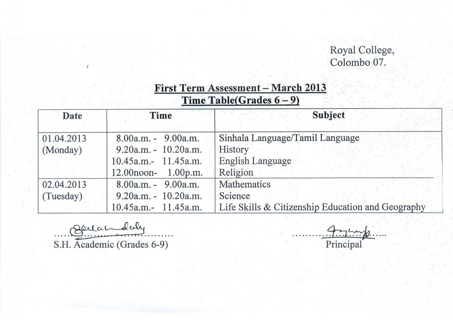 First Term Time Table - Middle Section