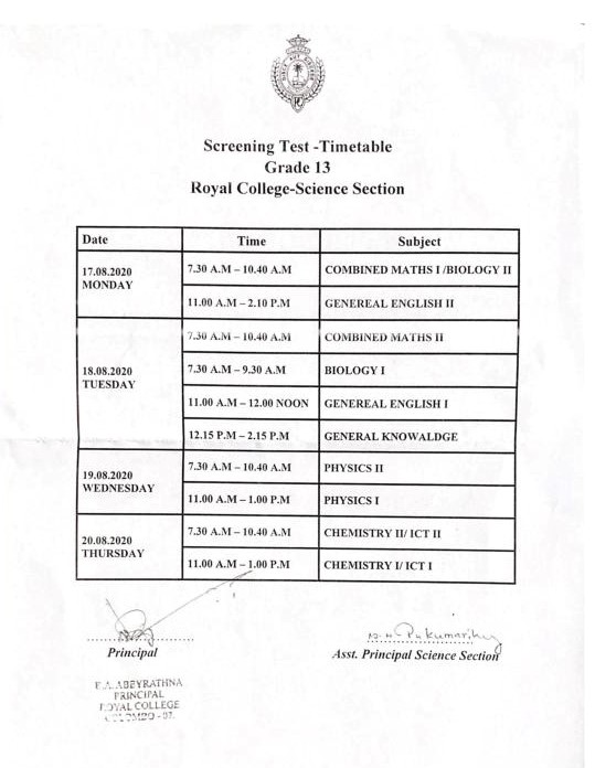 Screening Test - Timetable For Grade 13 - Science Section - The Royal ...