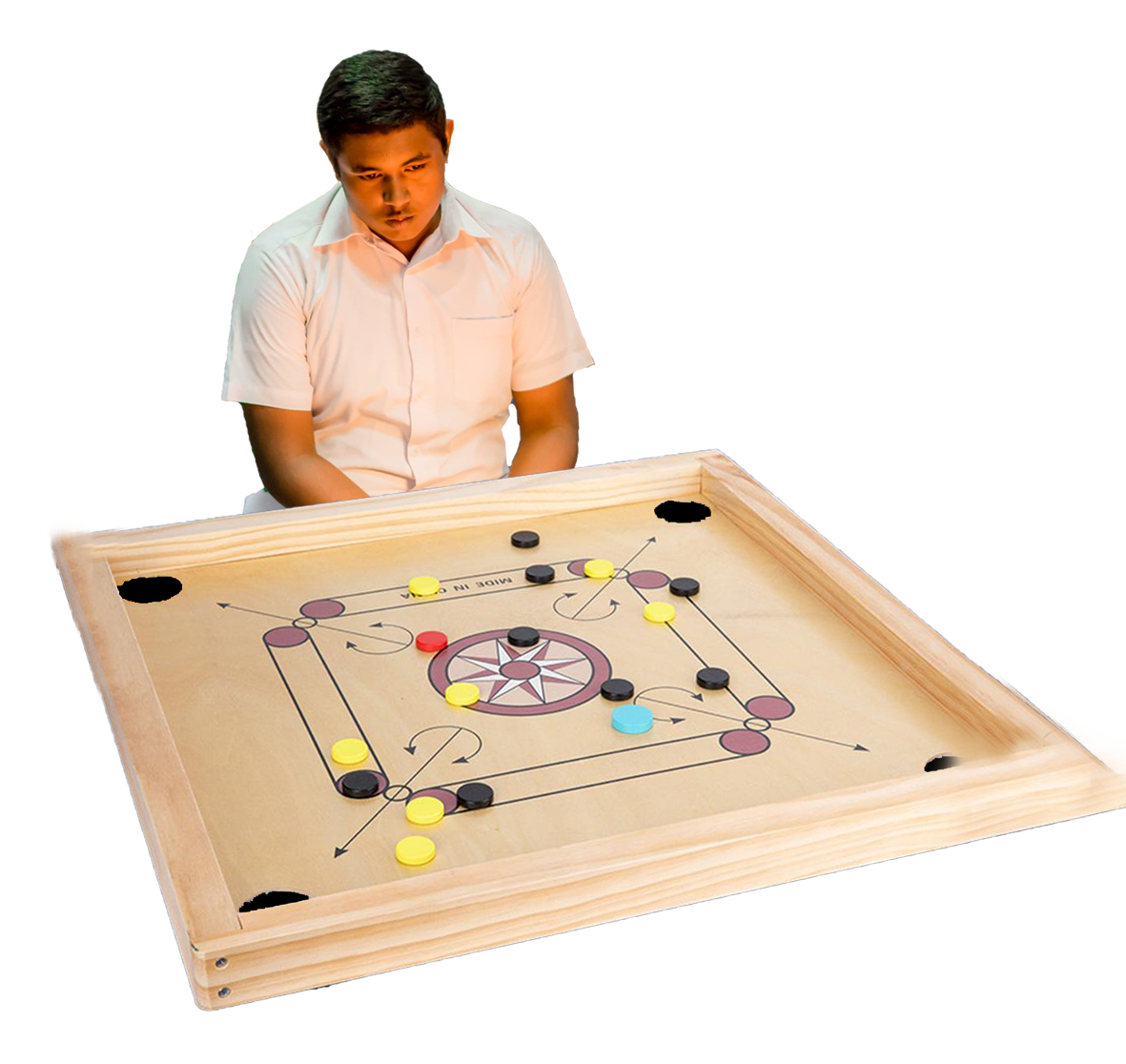 Royal carrom player thinking about next move